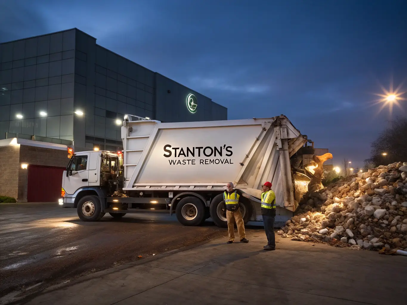 A photo of Eco Clear's waste collection truck operating in a busy Manchester street, with iconic buildings in the background, showcasing the company's presence in the city.